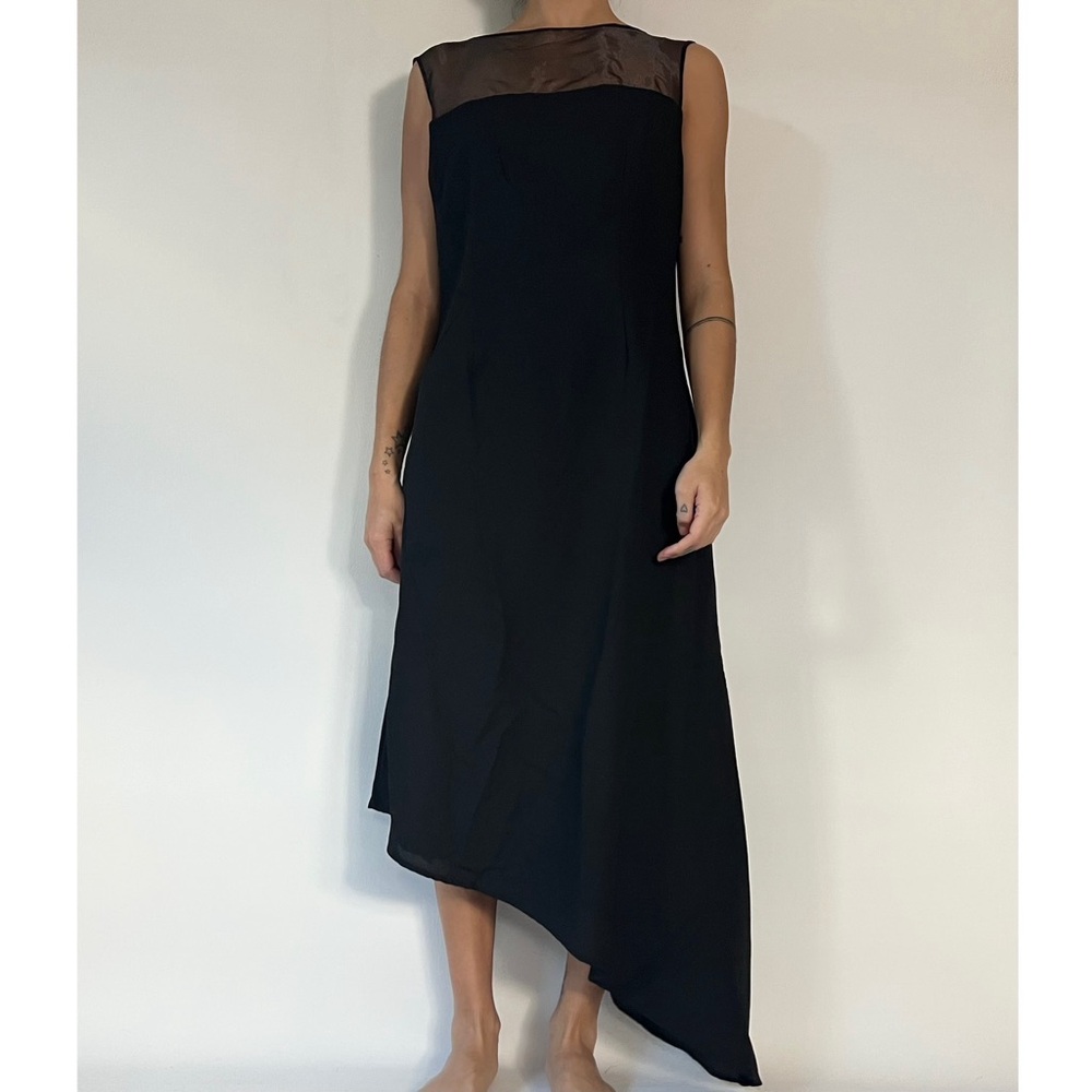 Mlle Gabrielle Sleeveless Asymmetric Black Midi Dress with Sheer Shoulders